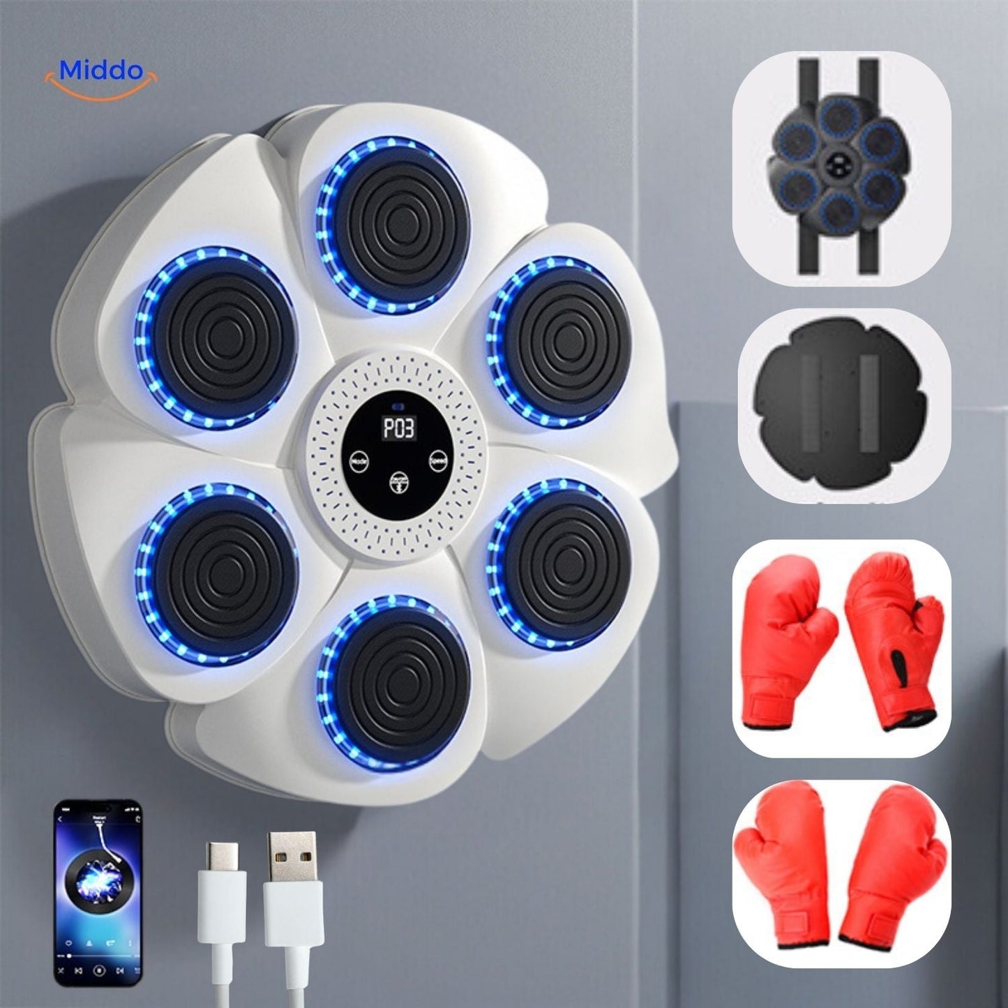 BoxPro Smart Boksmachine wit model met blauwe led verlichting en rode handschoenen www.middo.nl