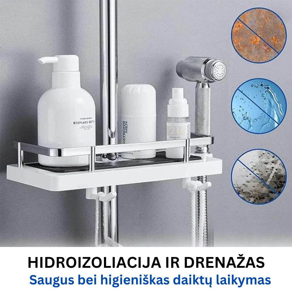 Lengvai montuojama ir atspari korozijai dušo lentyna