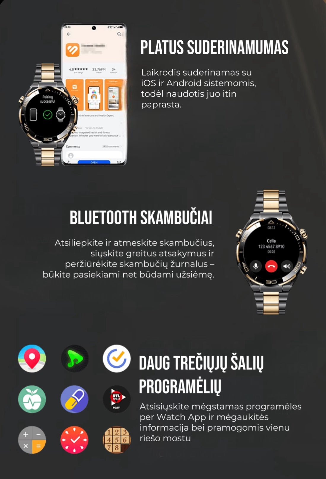 Išmanusis sportinis laikrodis su „Bluetooth“  funkcija 🔥